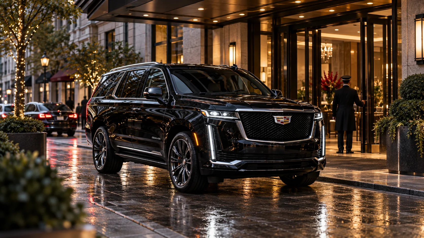 Black Cadillac Escalade at an upscale hotel entrance