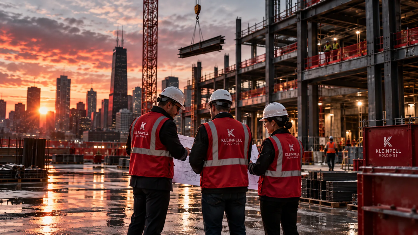 Construction professionals reviewing plans at a building site
