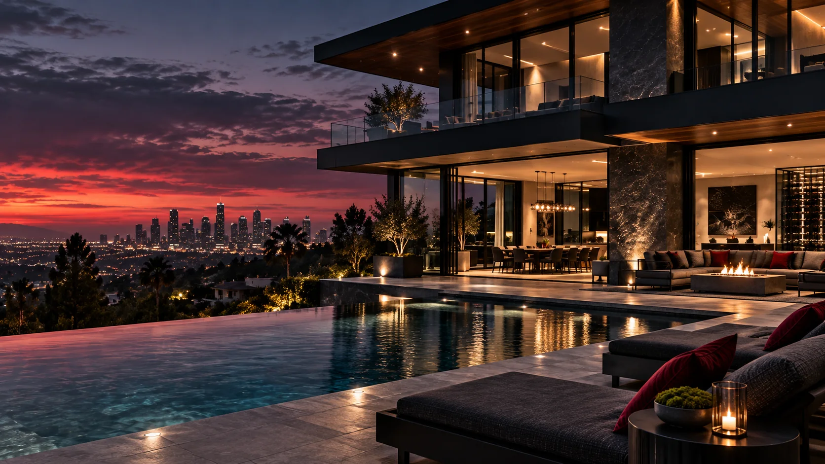 Modern residential architecture overlooking a city at dusk