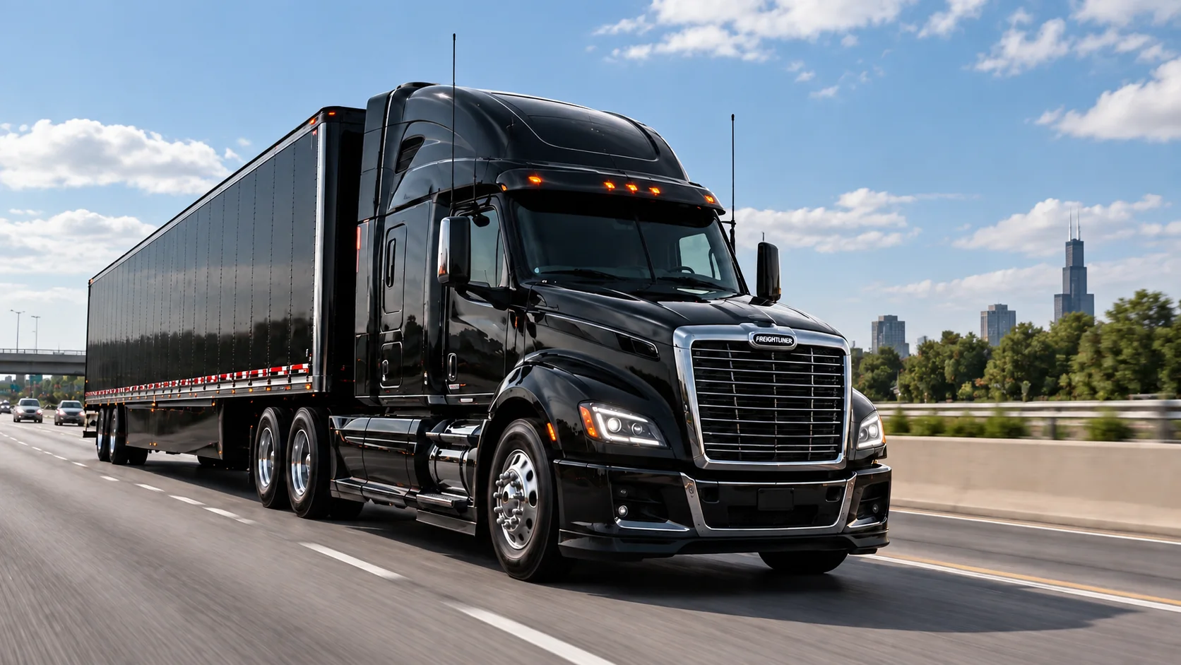 Black semi-truck on a bright daytime highway